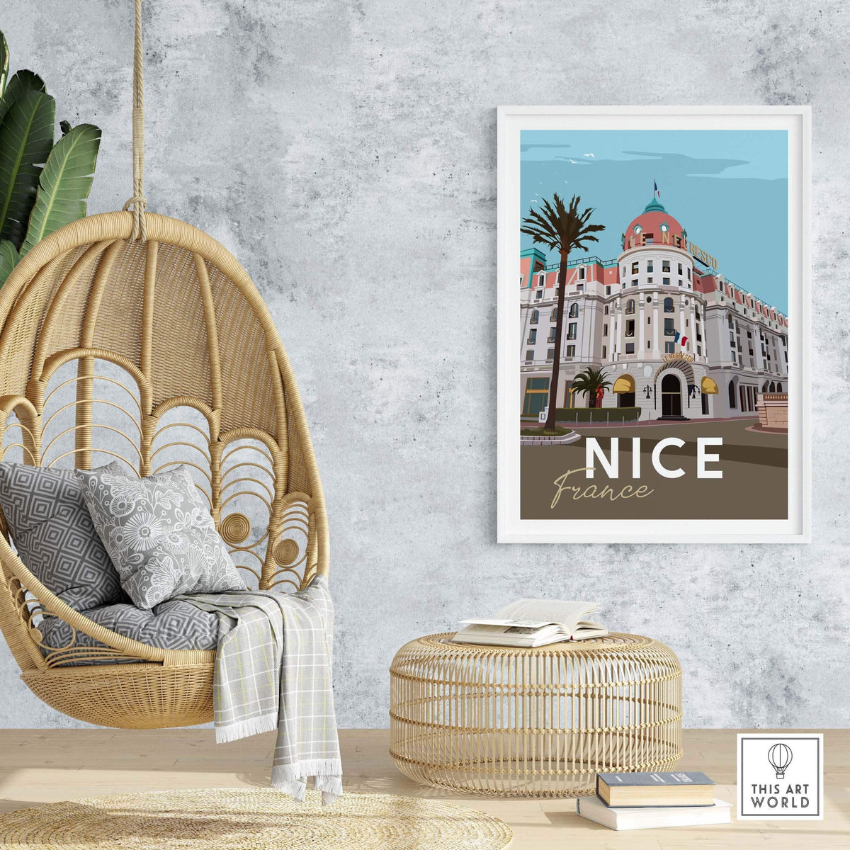 Nice France print poster wall art displayed in a stylish interior with a cozy hanging chair and decorative elements.