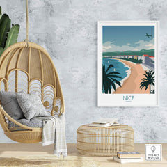Nice France travel poster showcasing the beach and palm trees, styled for modern home decor.