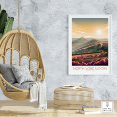 North York Moors print displayed in a cozy modern living space with a hanging chair and stylish decor.