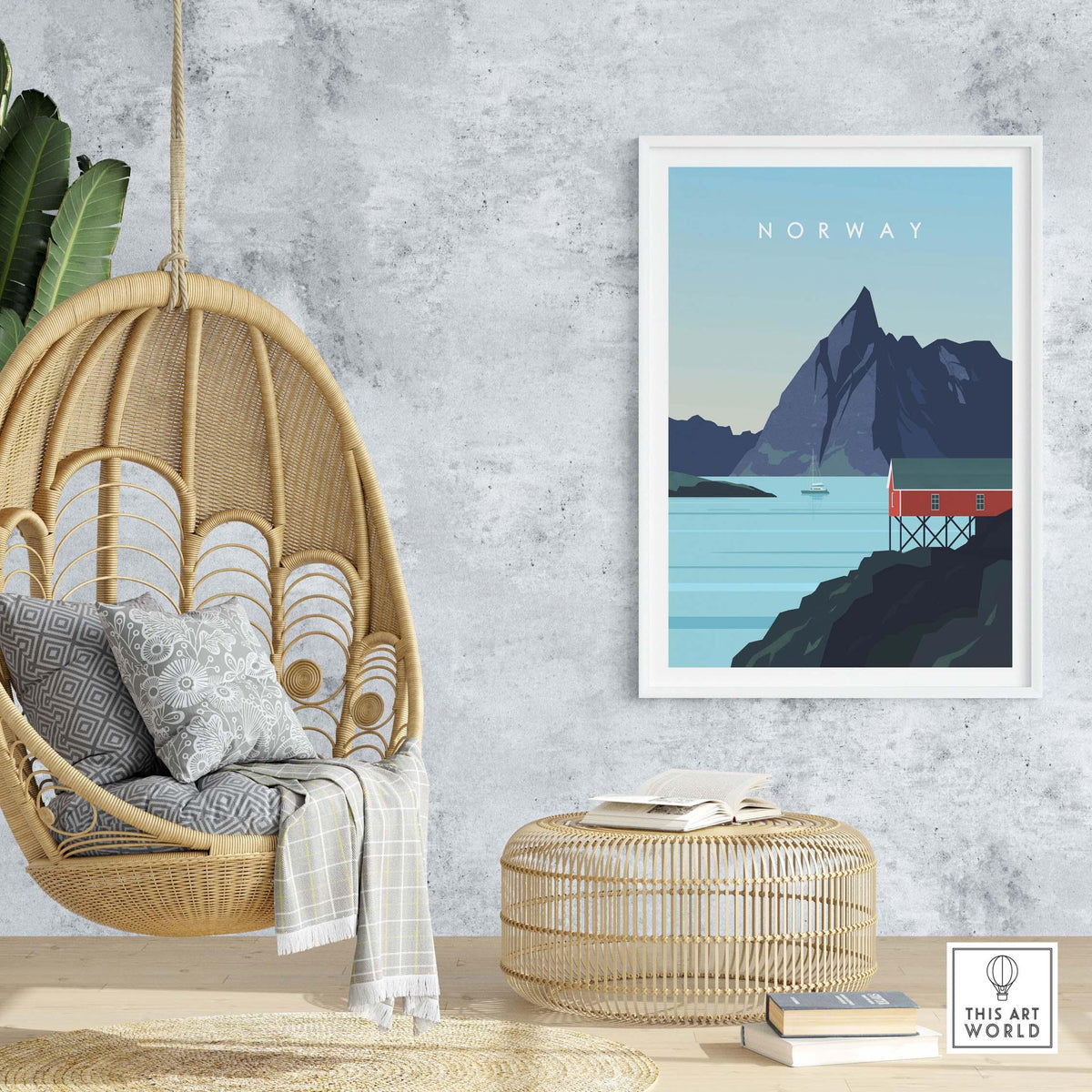 Norway print wall art poster featuring scenic mountain and coastal view, styled in a contemporary living space.