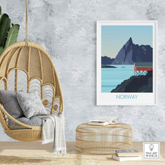 Norway print travel poster displayed in a stylish home setting with hanging chair and natural decor.