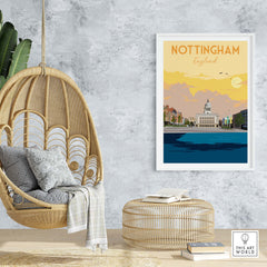 Nottingham Print England Poster displayed in a modern home setting with a hanging chair and decor.