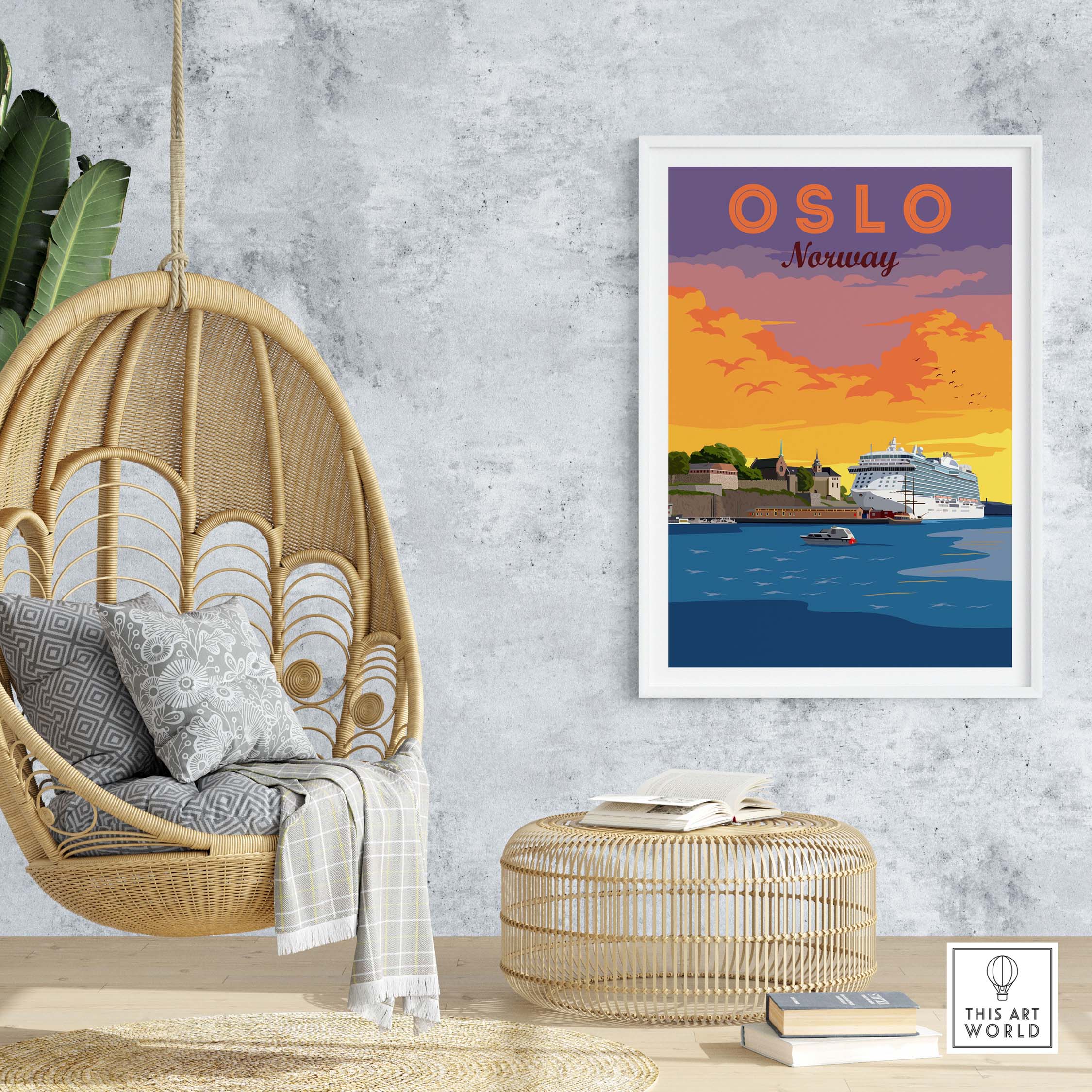 Oslo Print Norway featuring a vintage style travel poster in an elegant room with bohemian decor.