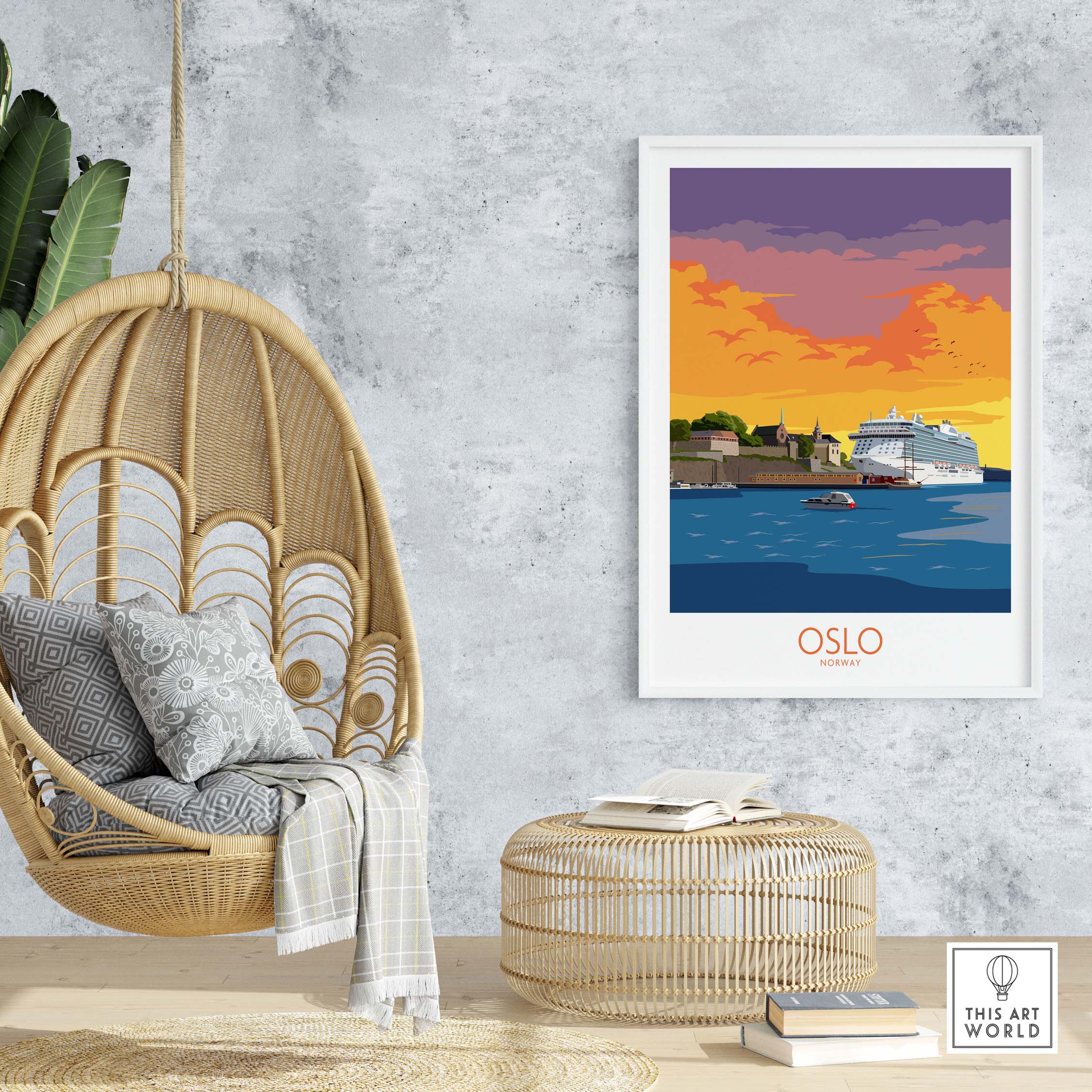 Oslo Poster Norway showcased in a stylish interior, featuring vibrant sunset colors and a scenic waterfront.