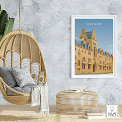 Oxford wall art poster displayed in a stylish room with a hanging chair and decorative elements.