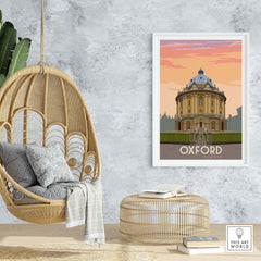 Oxford Print Poster Wall Art displayed in a modern living room with a hanging chair and stylish decor.