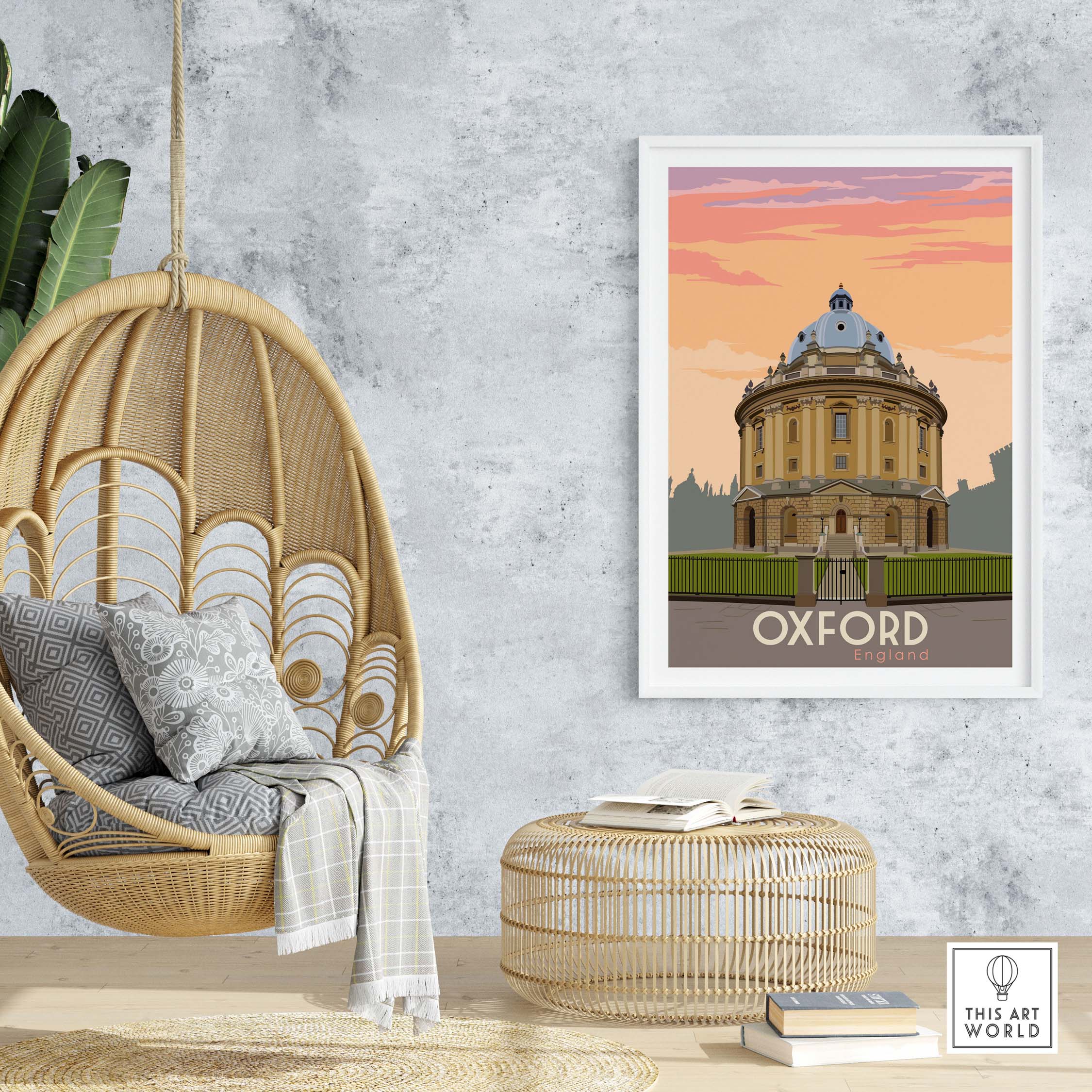 Oxford Print Poster Wall Art displayed in a modern living room with a hanging chair and stylish decor.