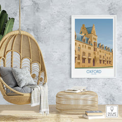 Framed Oxford wall art print displayed in a stylish home interior with a hanging chair and decor.