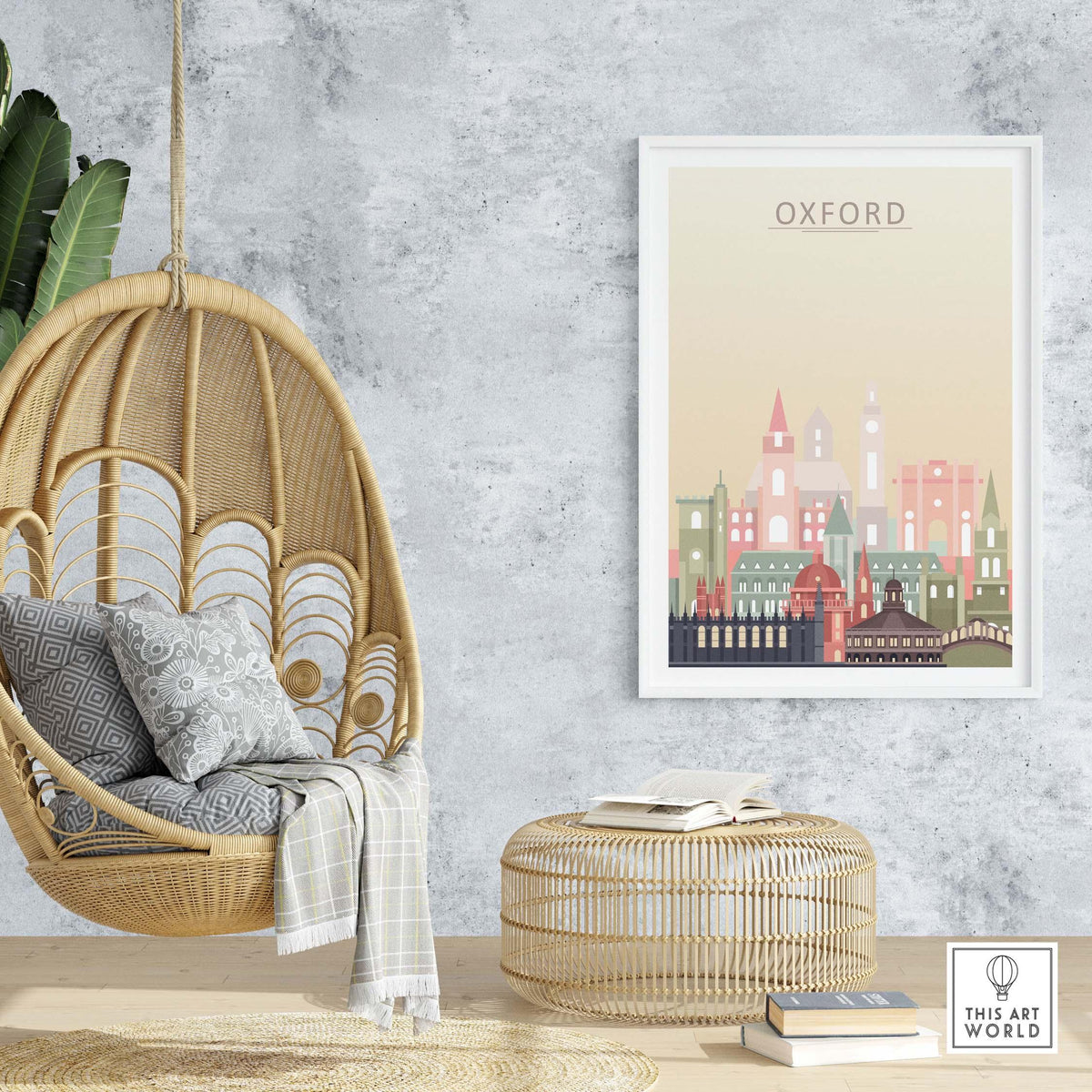 Elegant Oxford Skyline Print displayed in a cozy interior, featuring pastel tones and modern home decor.