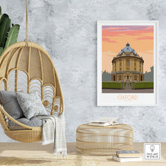 Oxford travel poster featuring the iconic Radcliffe Camera, displayed in a stylish home setting.