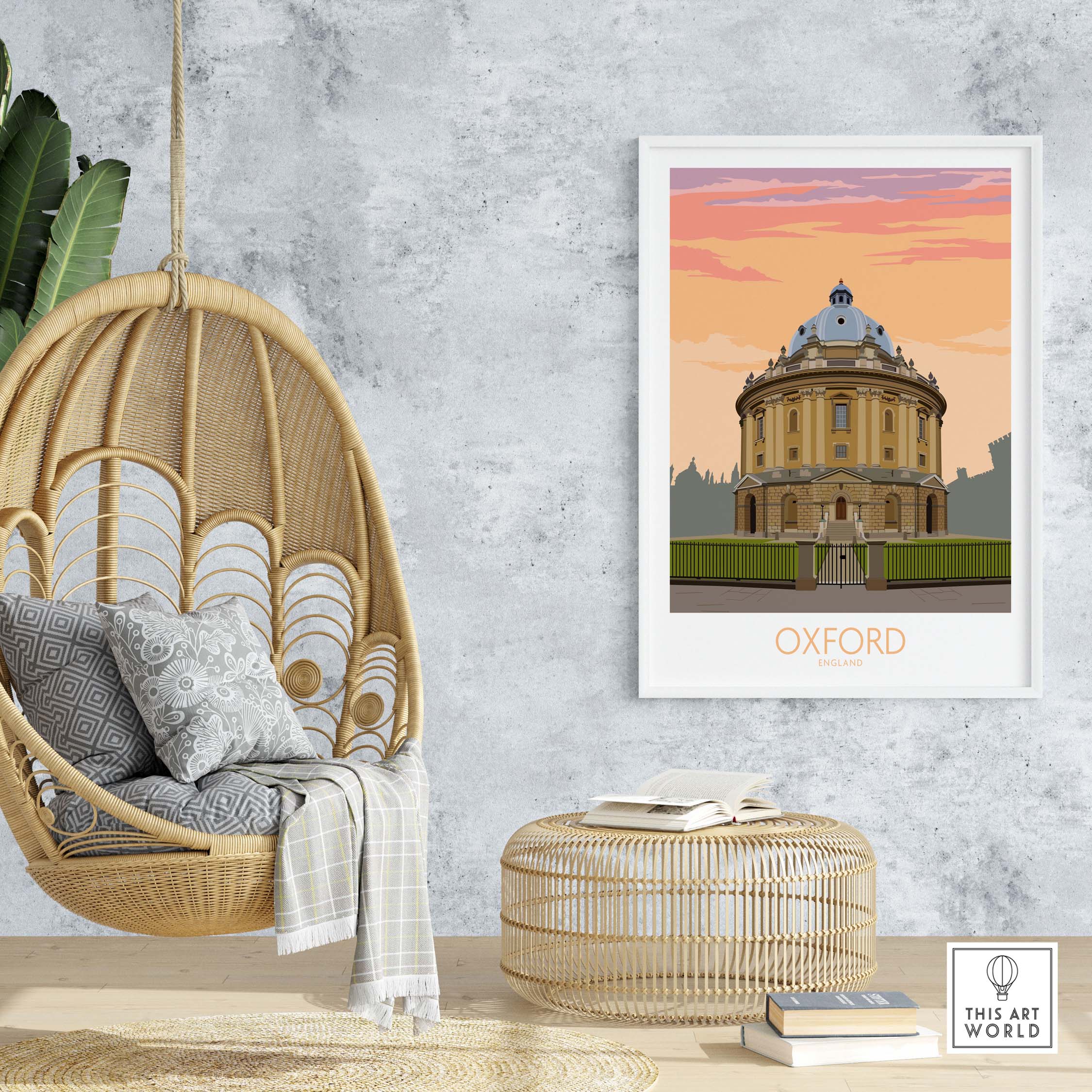 Oxford travel poster featuring the iconic Radcliffe Camera, displayed in a stylish home setting.