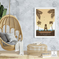 Palm Beach Florida print in minimalist style, featuring palm trees and vintage travel poster design.