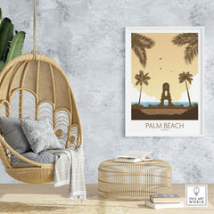 Palm Beach wall art featuring nostalgic vintage style with palms and beach scene, perfect for home or office decor.