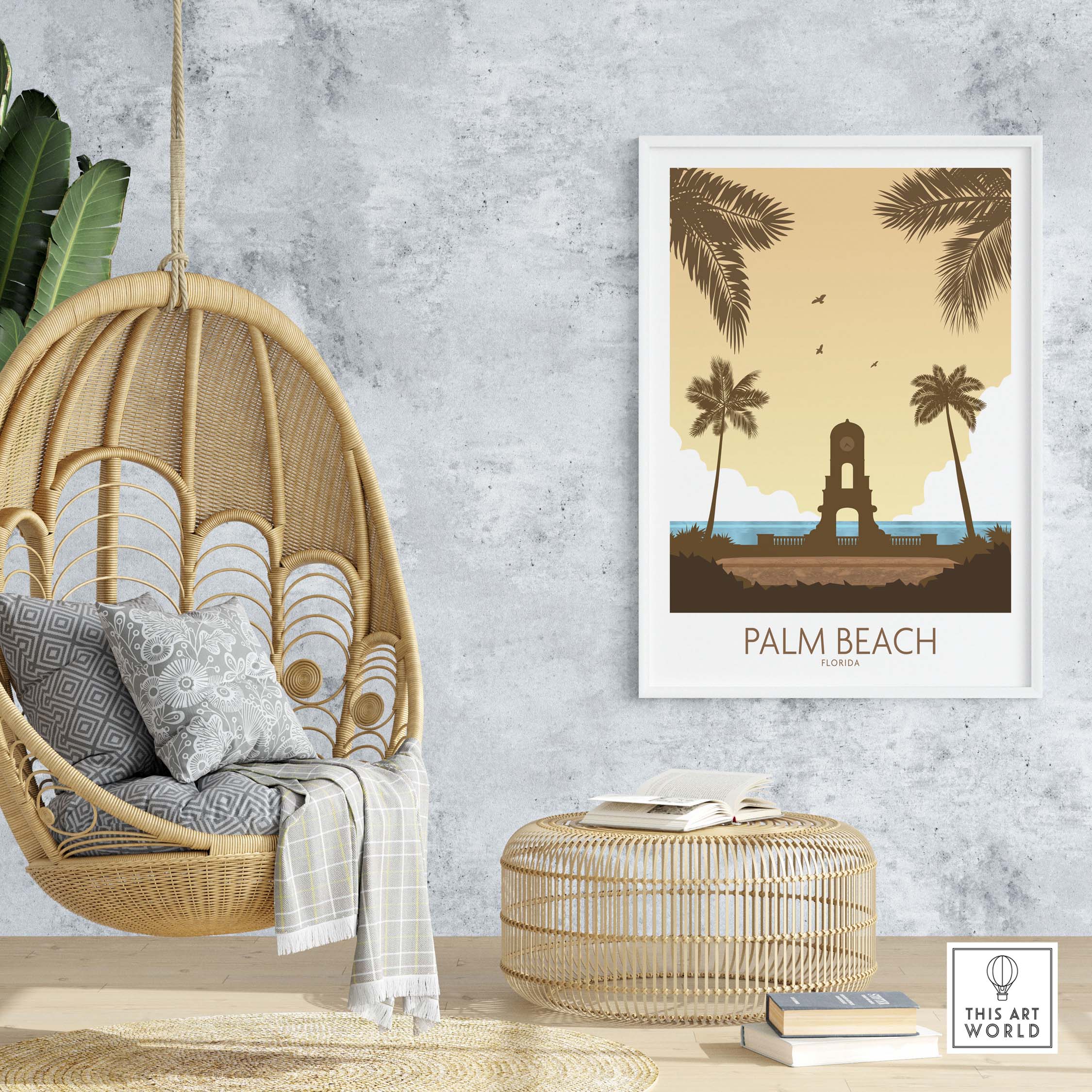 Palm Beach wall art featuring nostalgic vintage style with palms and beach scene, perfect for home or office decor.