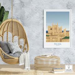 Palma Mallorca wall art print displayed in a stylish home setting with a hanging chair and natural decor.