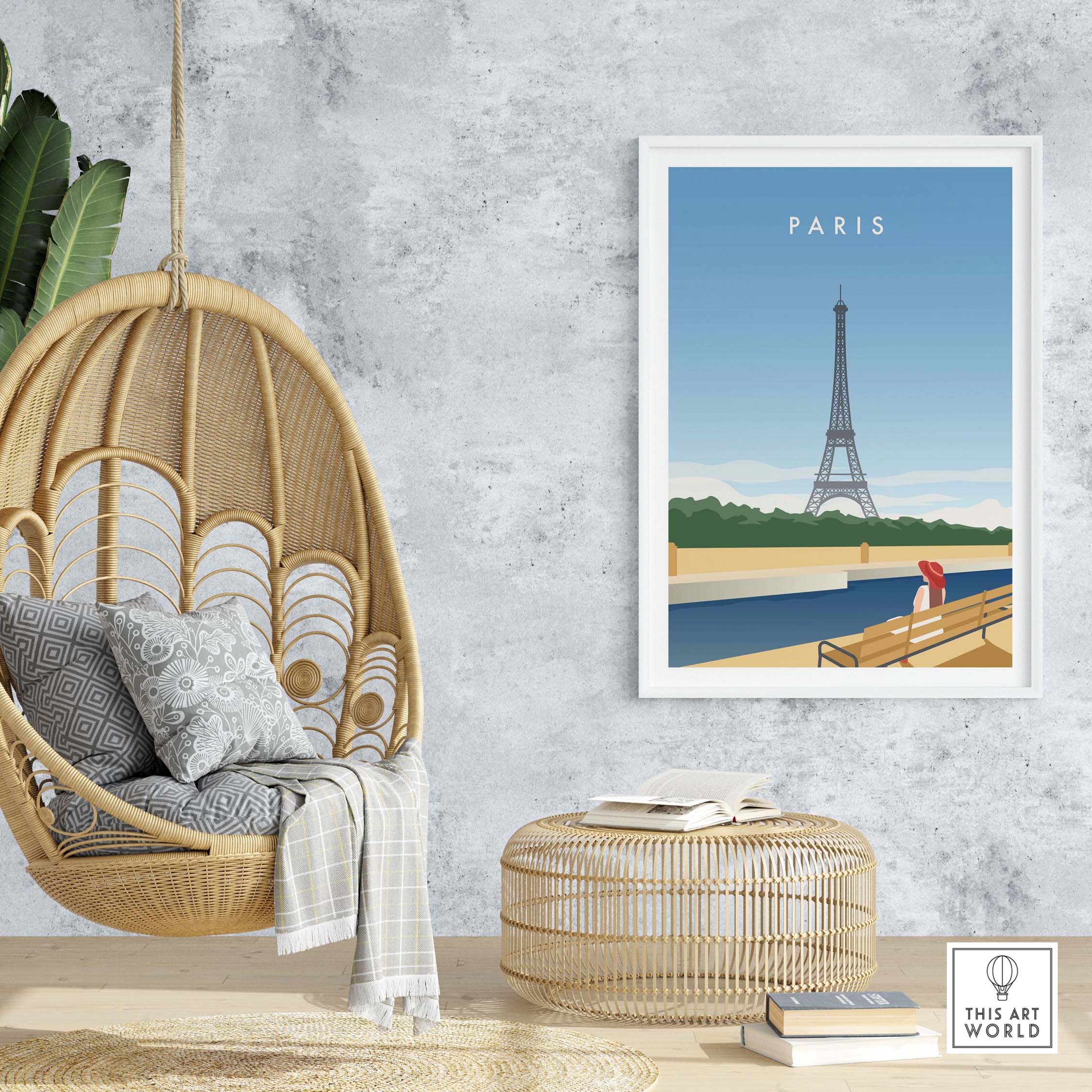 Paris Wall Art Poster featuring the Eiffel Tower, displayed in a stylish interior with a hanging chair and cozy decor.