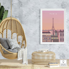 Paris Print Wall Art Poster featuring the Eiffel Tower in a stylish room setting with a hanging chair and modern decor.