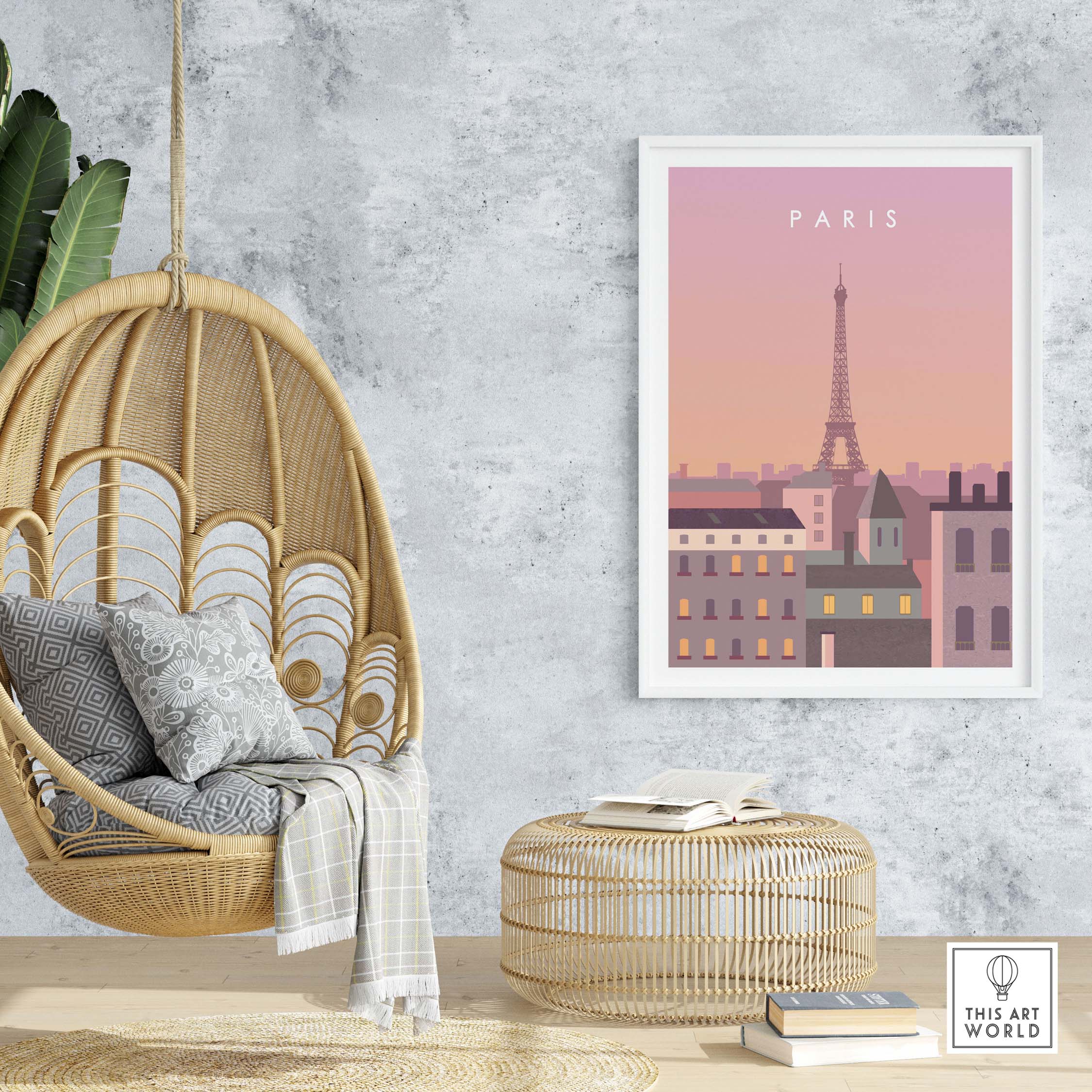 Paris Print Wall Art Poster featuring the Eiffel Tower in a stylish room setting with a hanging chair and modern decor.