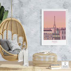 Paris Print Travel Poster featuring the Eiffel Tower in a stylish home setting with hanging chair and decor.
