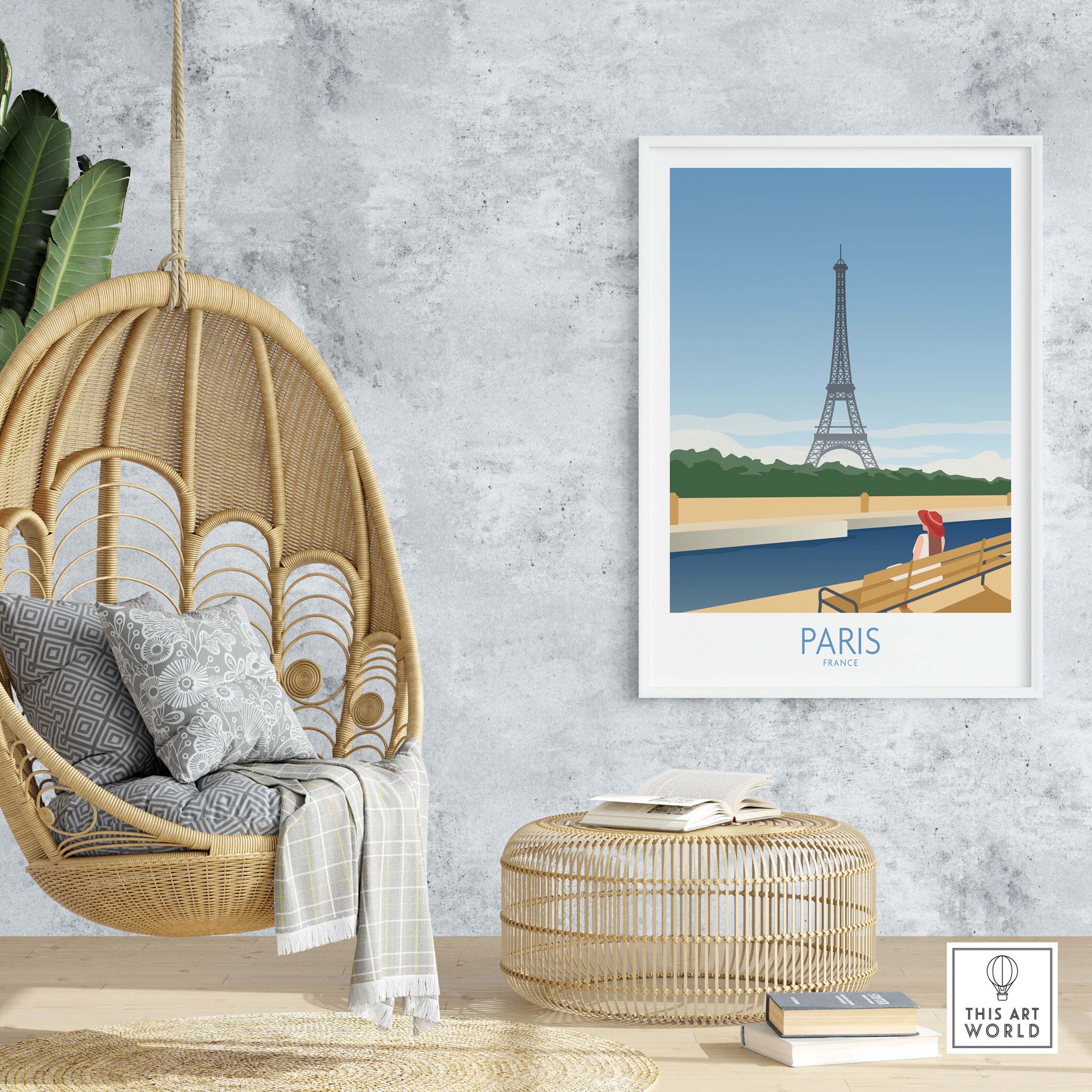 Paris Wall Art Poster Print featuring the Eiffel Tower, styled in a cozy interior with rattan decor and comfortable seating.