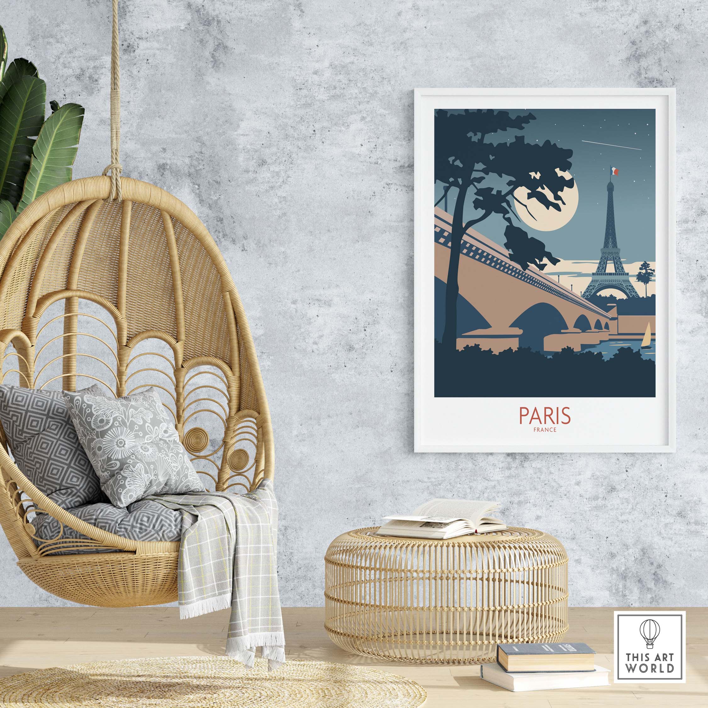 Paris France travel poster featuring the Eiffel Tower, moonlit scene, in a stylish home setting with natural decor.