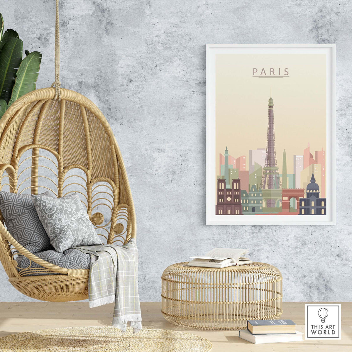Paris City Skyline print featuring the Eiffel Tower, warm pastel tones in stylish room setting with hanging chair.