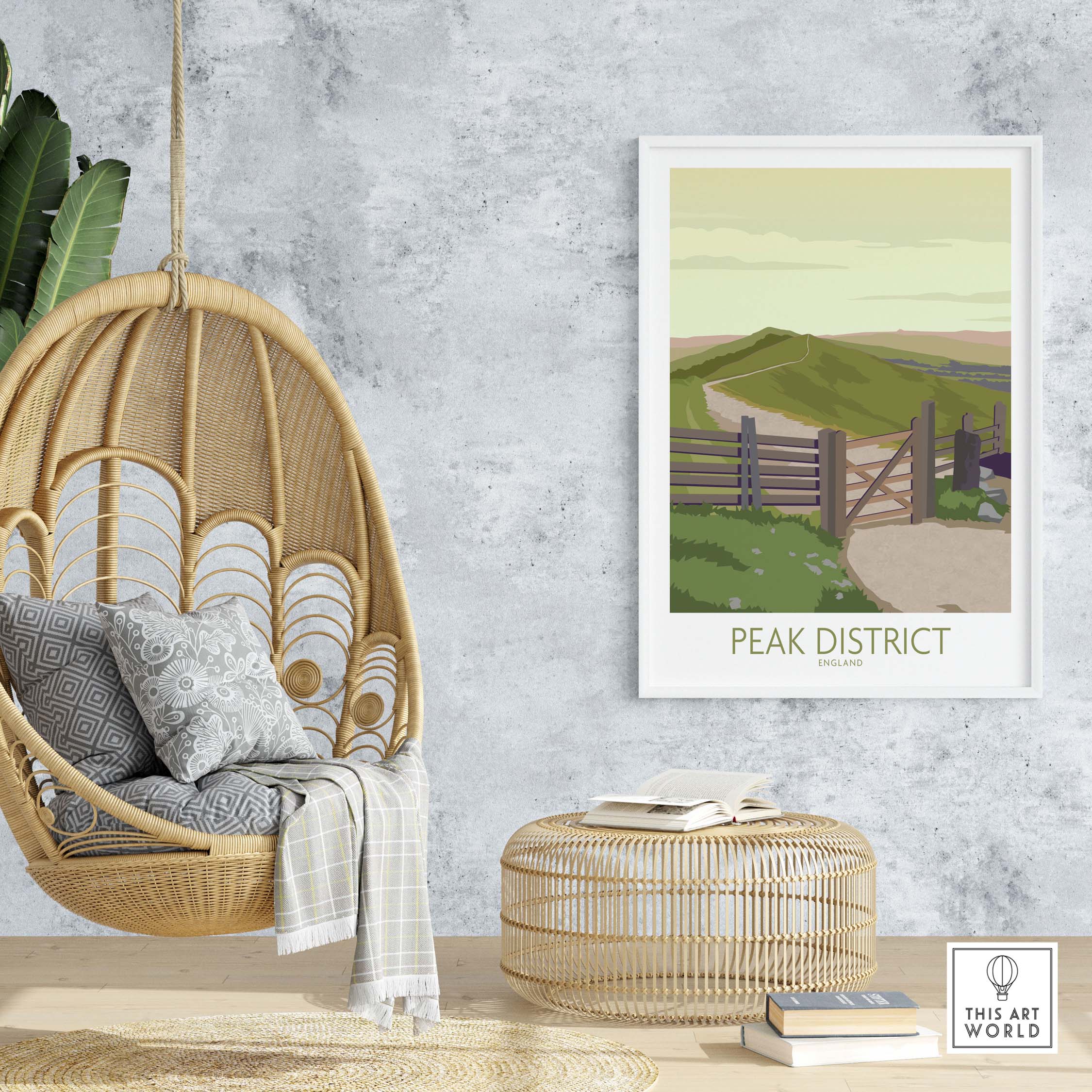 Peak District art print displayed in a stylish home setting with a hanging chair and natural decor.