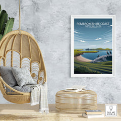 Framed Pembrokeshire Coast National Park poster in a modern home decor setting with a hanging chair.