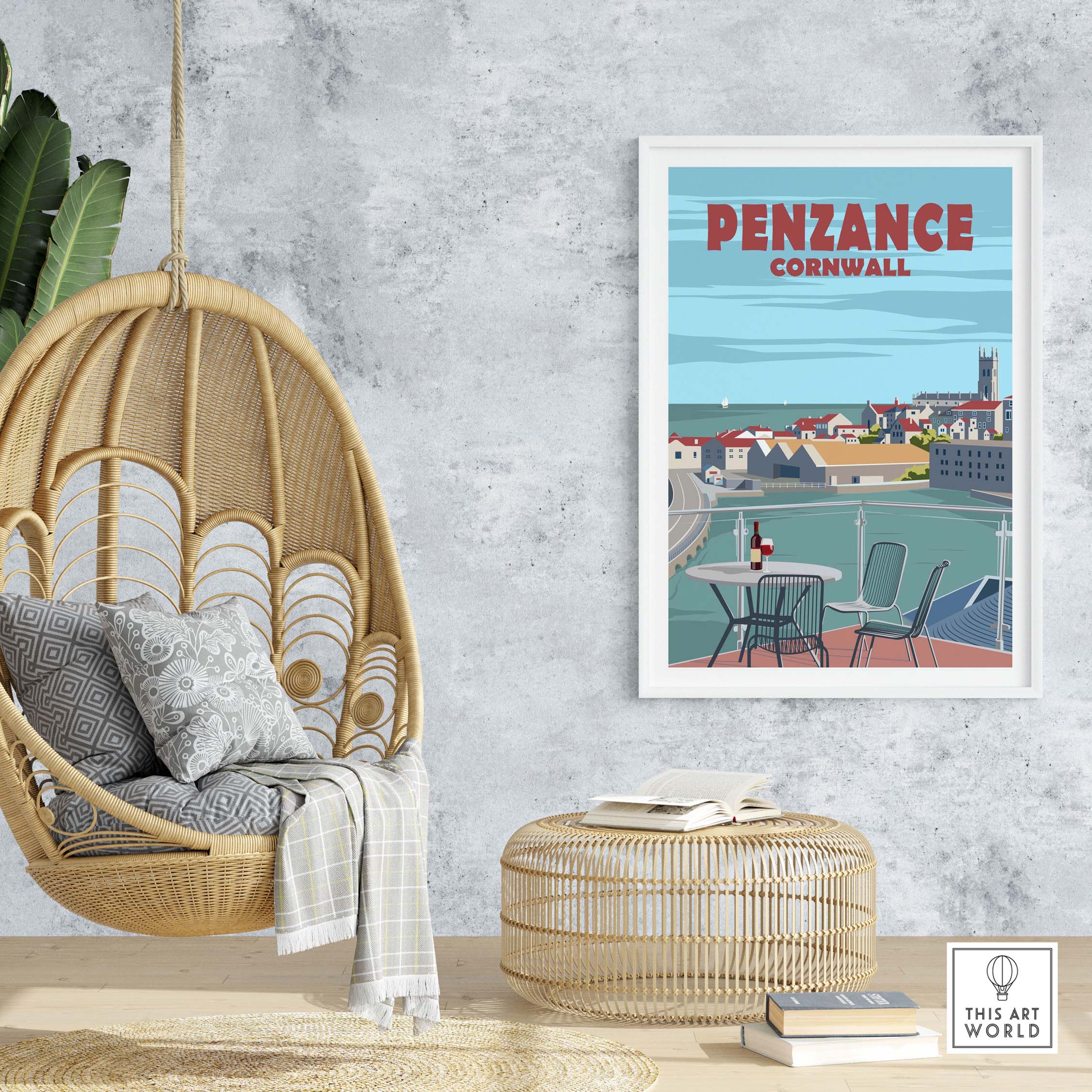 Penzance Cornwall poster print displayed in a stylish home setting with hanging chair and decor.