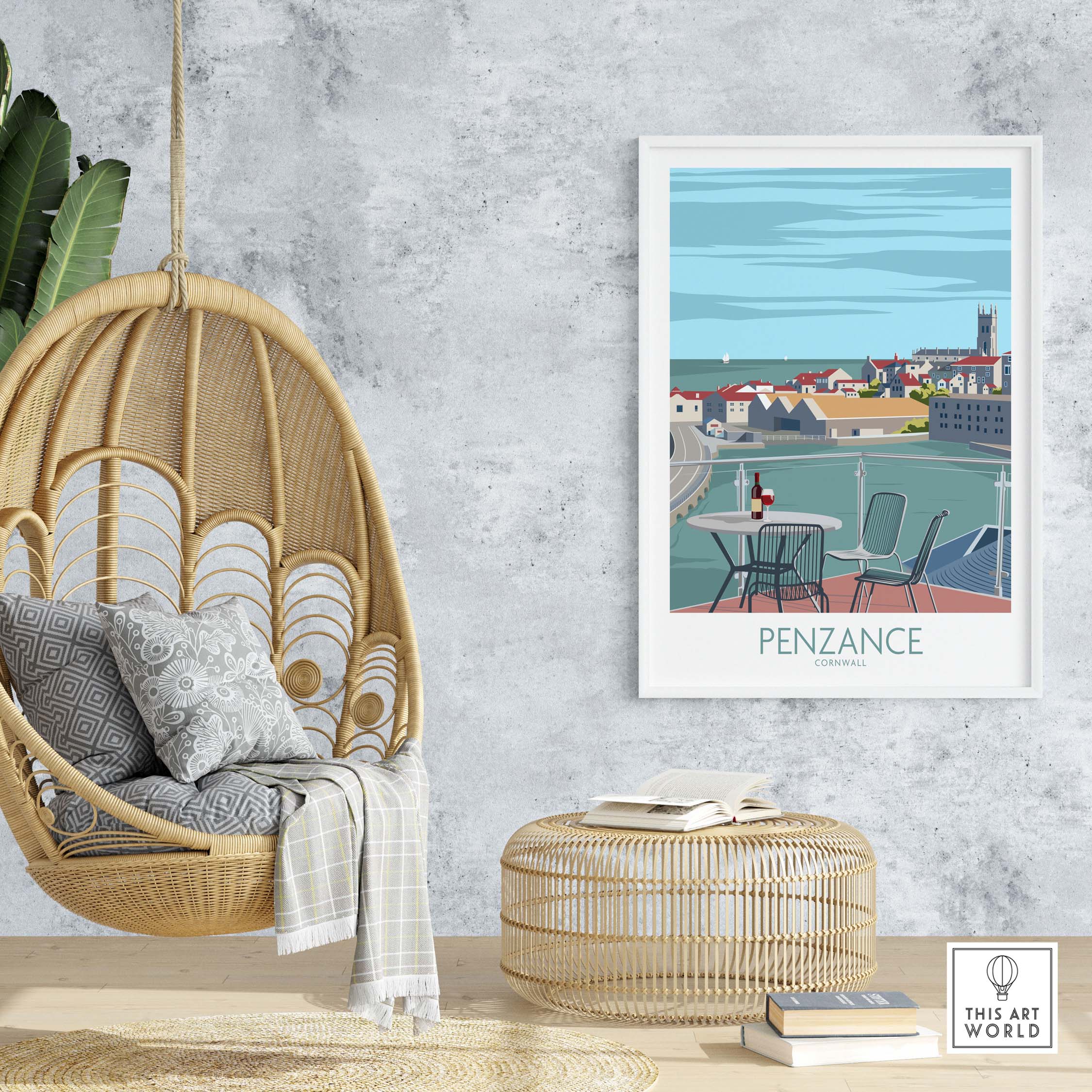 Penzance Poster Cornwall print featured in a stylish interior with hanging chair and natural decor.