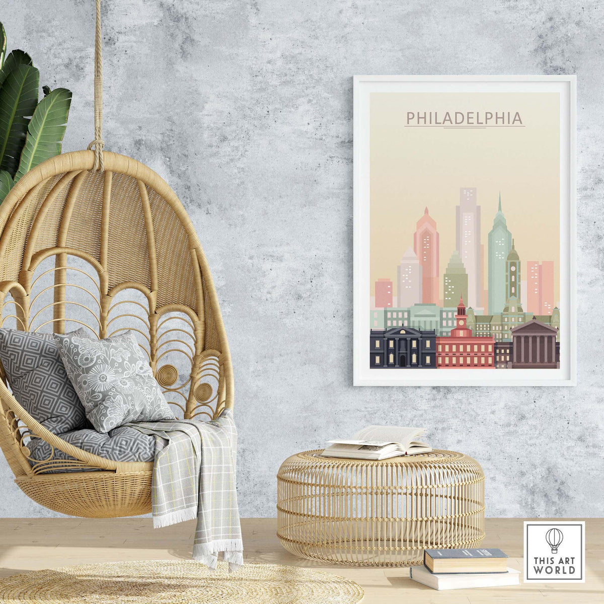 Philadelphia Skyline Poster in pastel colors displayed in a modern interior with a hanging chair and woven ottoman.