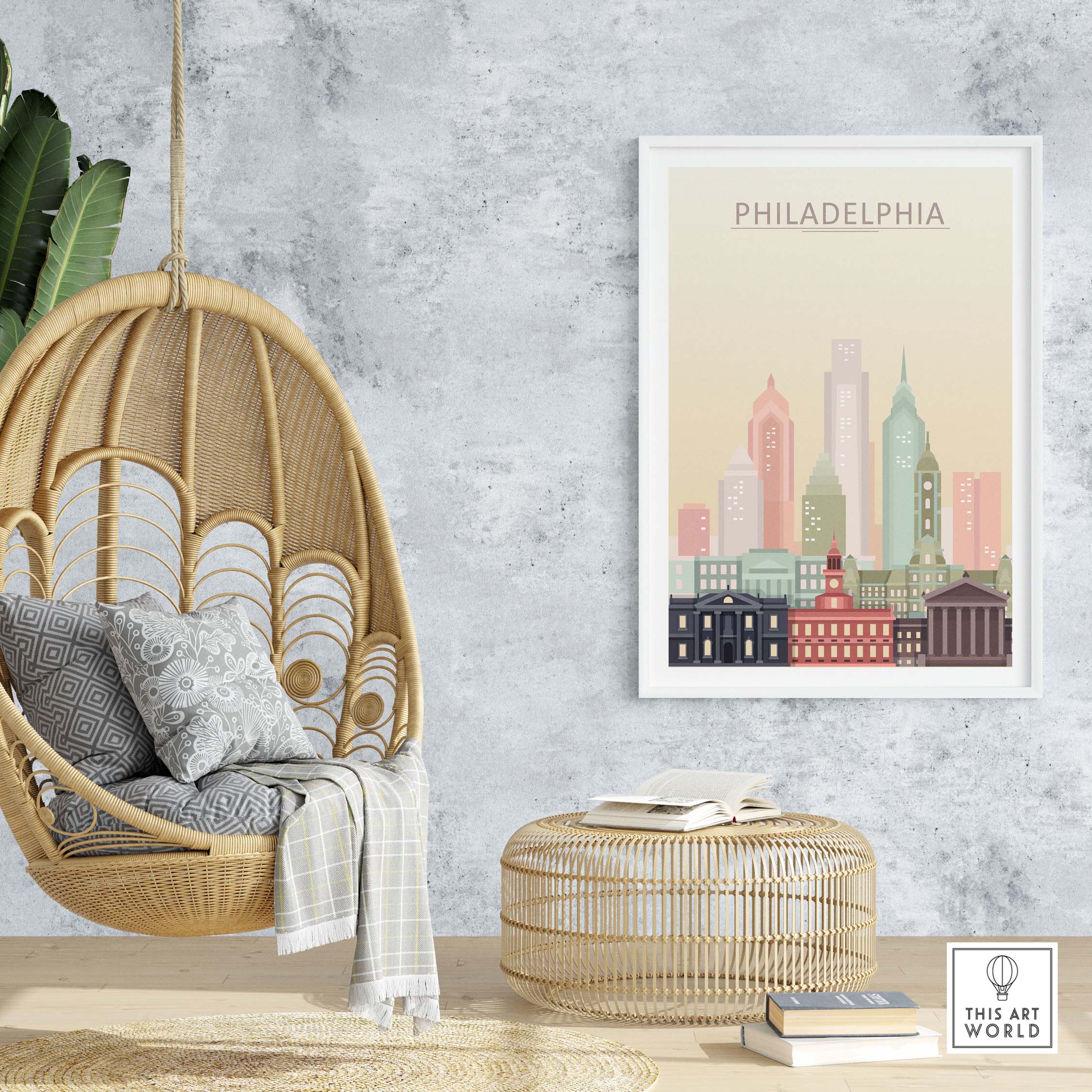 Philadelphia Skyline Poster in pastel colors displayed in a modern interior with a hanging chair and woven ottoman.