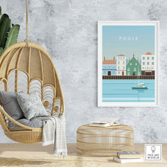Poole Print Poster Dorset Wall Art displayed in a stylish home interior with a hanging chair and natural decor.