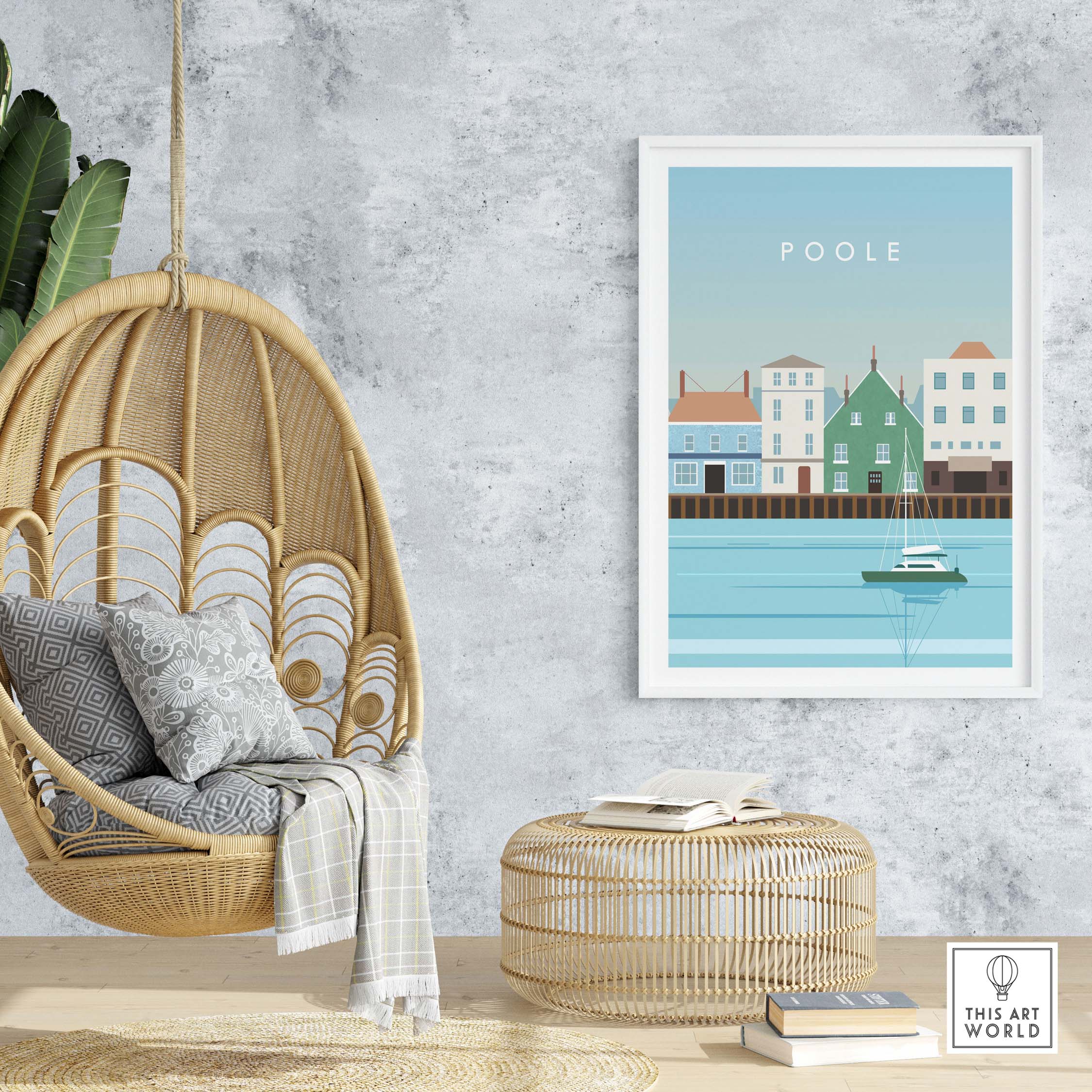 Poole Print Poster Dorset Wall Art displayed in a stylish home interior with a hanging chair and natural decor.