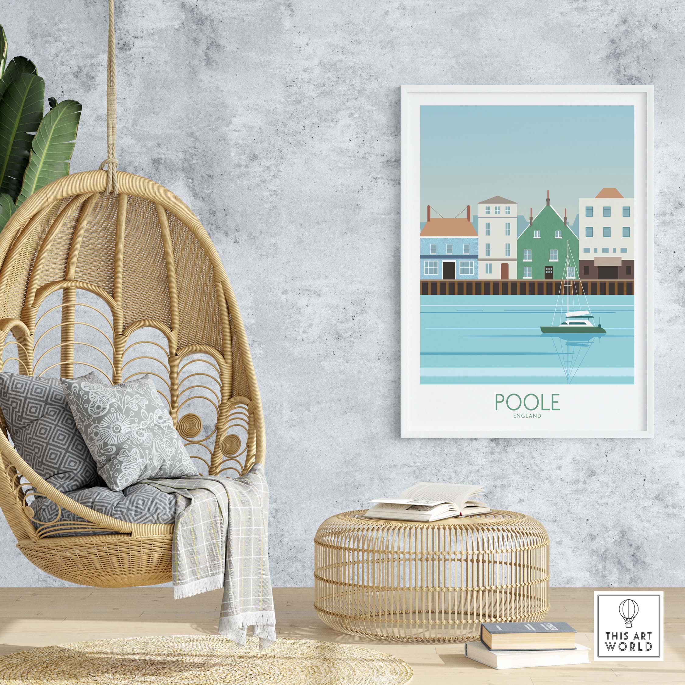 Poole Dorset travel poster print in a stylish modern living room setting with hanging chair and decorative elements.
