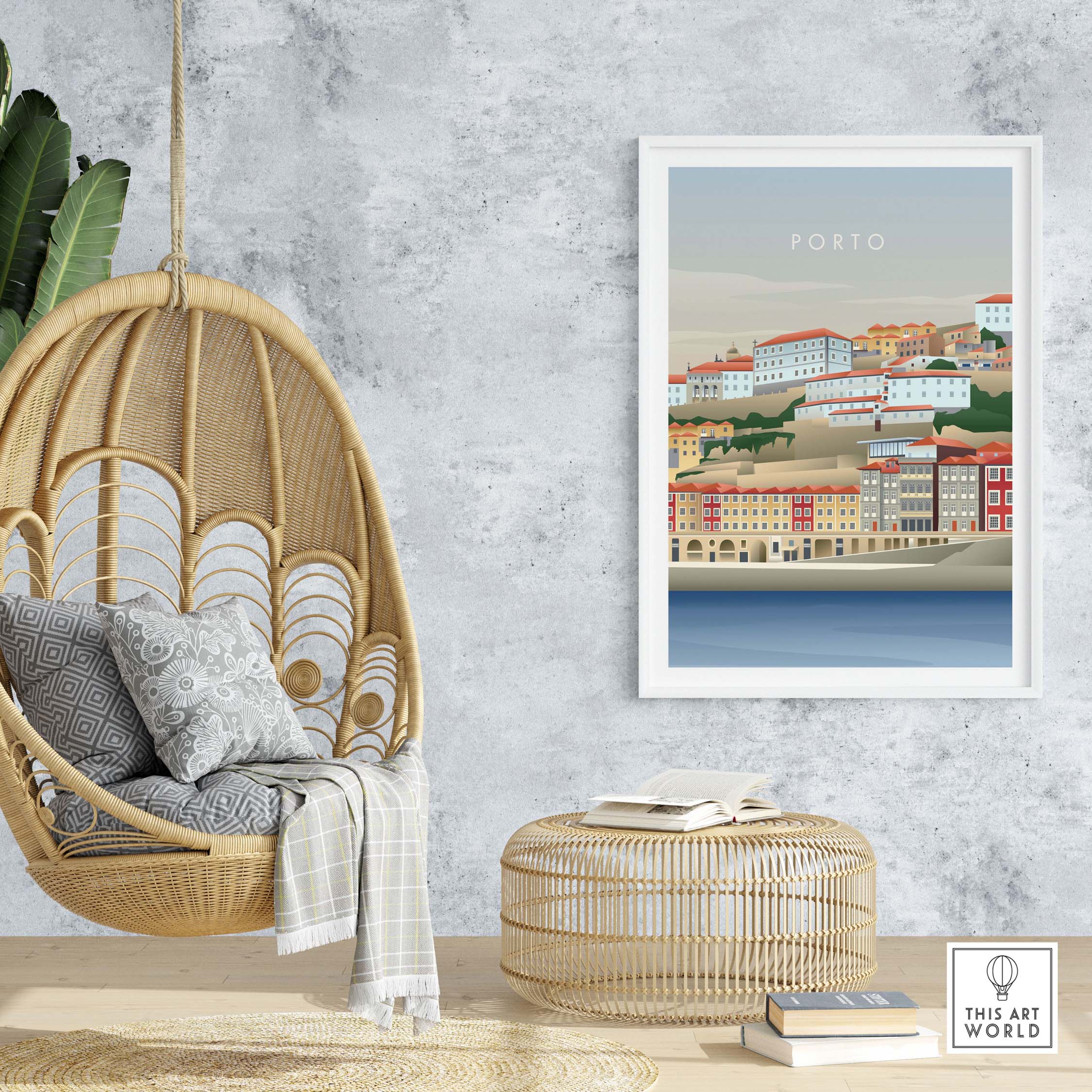 Porto Portugal wall art poster displayed in a stylish interior with a hanging chair and decorative elements.