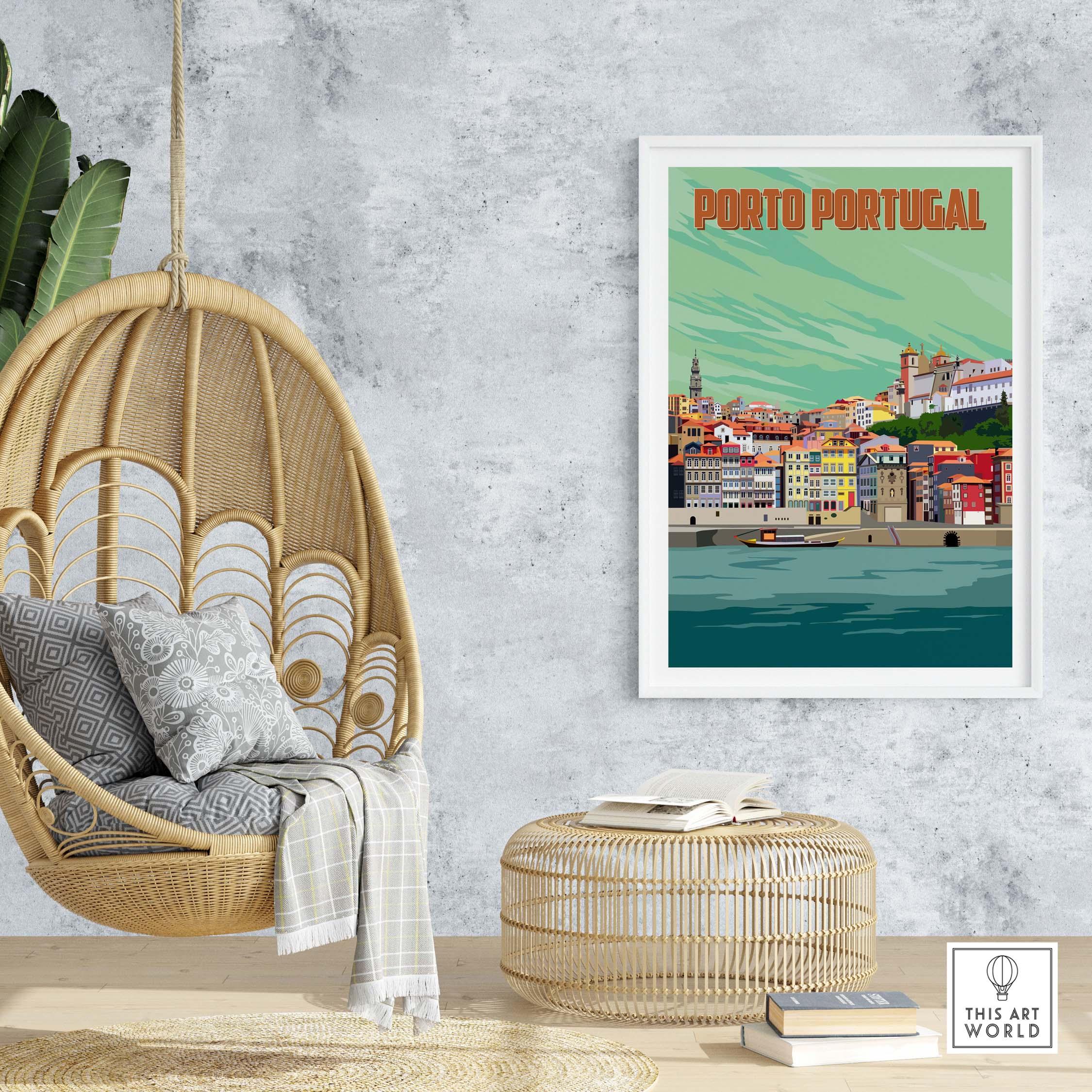 Porto Print Poster Wall Art featuring Porto, Portugal, in a stylish home setting with a hanging chair and decorative elements.