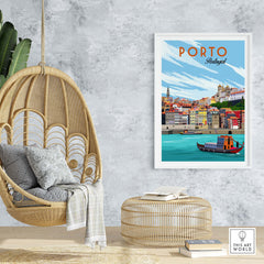 Porto Poster Portugal displayed in a stylish home setting with hanging chair and minimalist decor.
