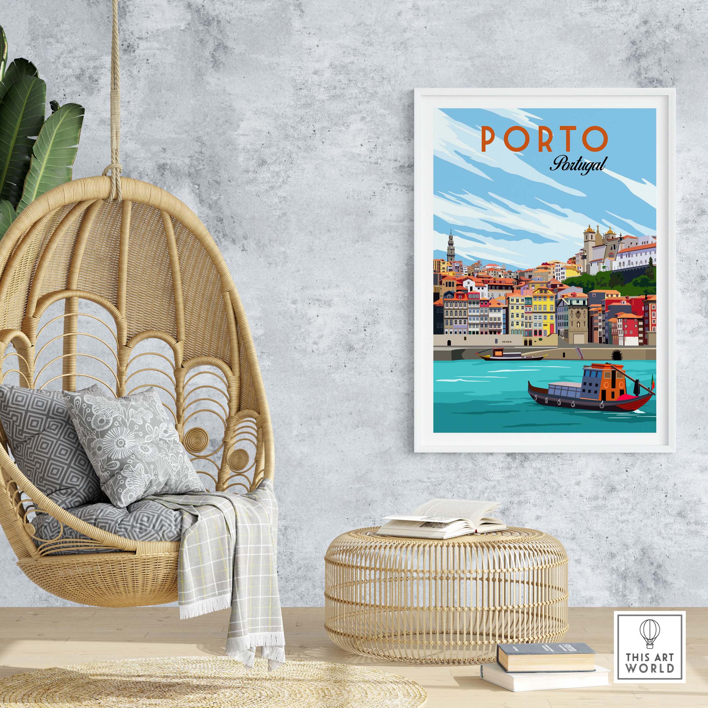 Porto Poster Portugal displayed in a stylish home setting with hanging chair and minimalist decor.
