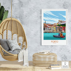 Porto travel poster print displayed in a stylish interior with a hanging chair and woven ottoman.