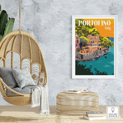 Portofino Print Poster Wall Art showcasing vintage-inspired travel scenery of Italy, perfect for home or office decor.