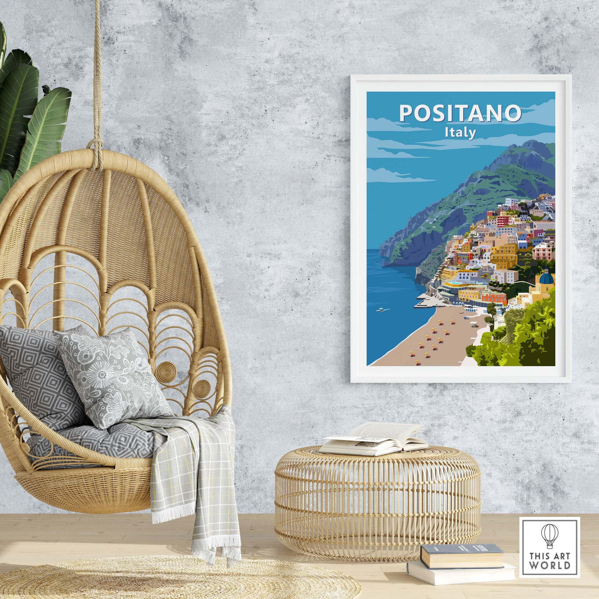 Framed Positano poster print featuring coastal Italy wall art in a stylish home setting.