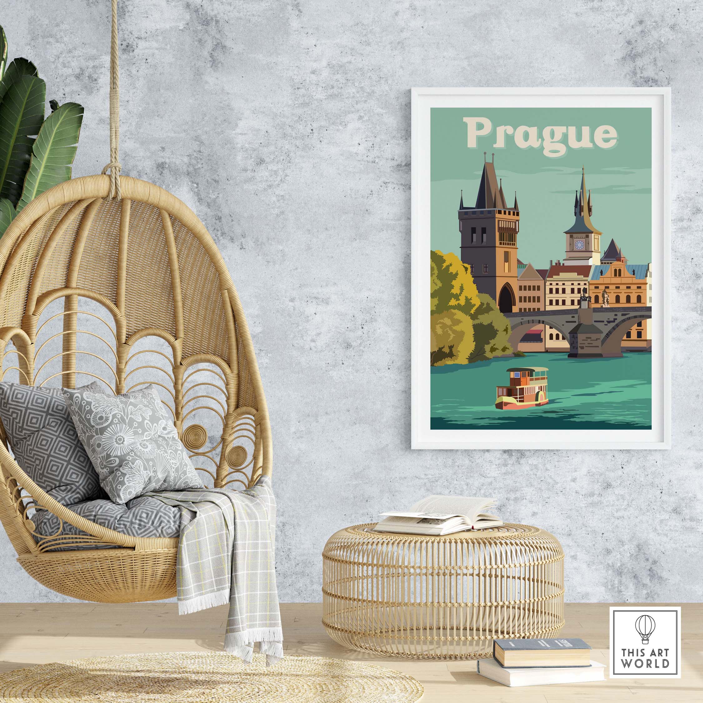 Vintage Prague print poster wall art in a stylish home setting with hanging chair and natural decor.