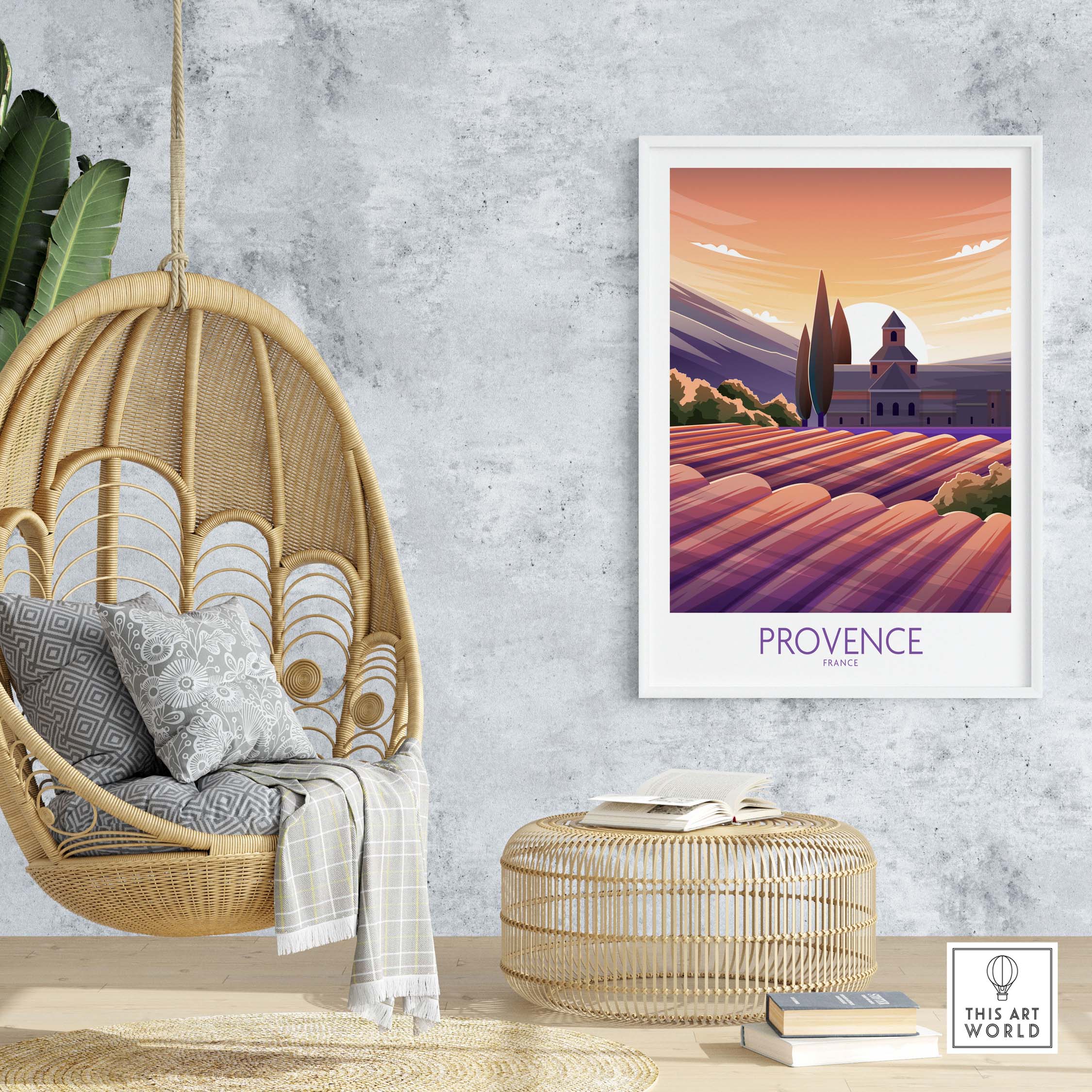 Provence travel poster featuring lavender fields and vineyard, framed art in stylish living room decor.
