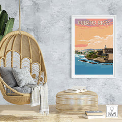 Framed Puerto Rico wall art print featuring San Juan's coastal view, adding vintage travel charm to any space.