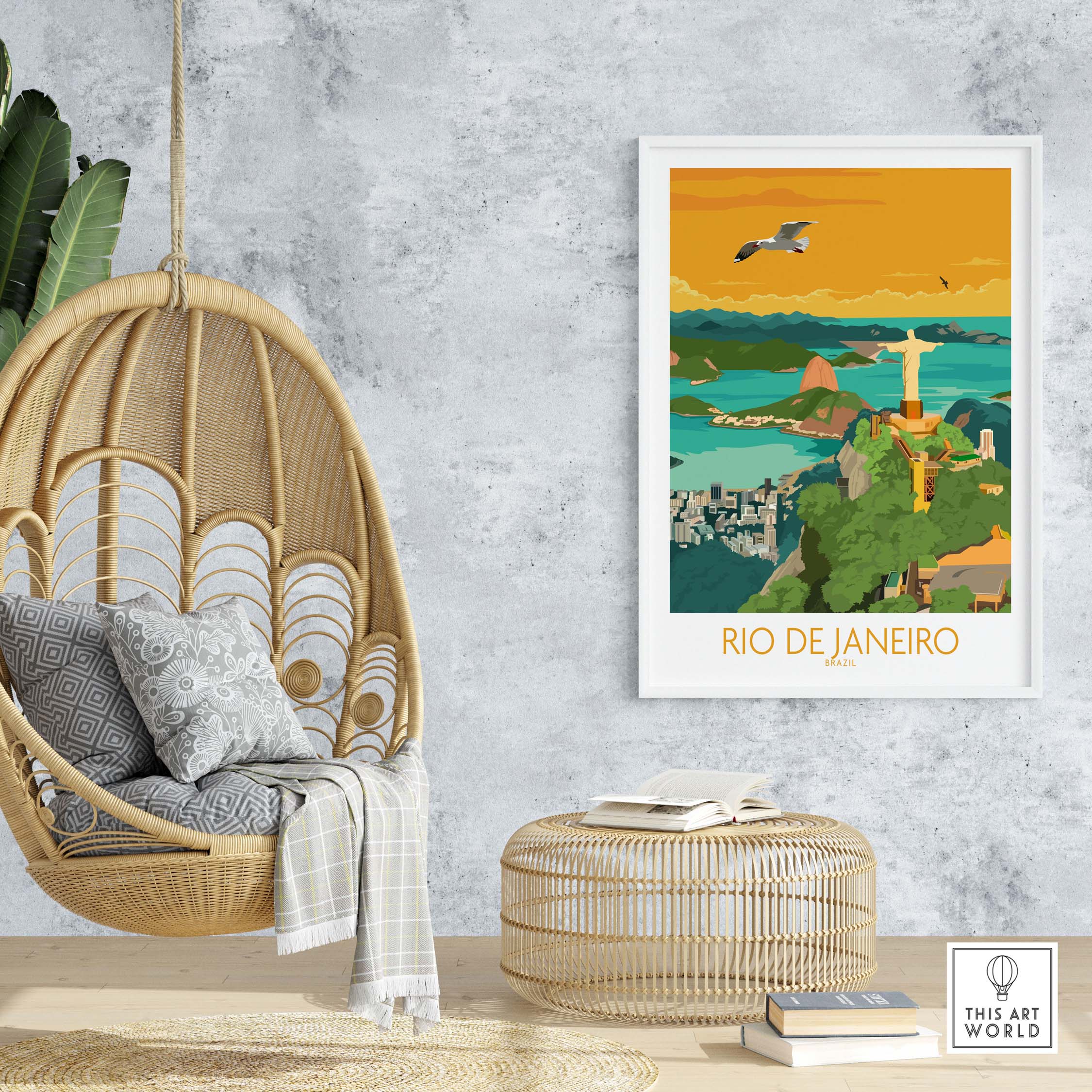 Rio de Janeiro vintage travel poster in minimalist style, displayed in a stylish home setting with bohemian decor.