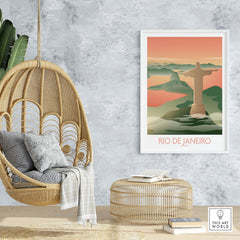 Rio de Janeiro Wall Art showcasing Christ the Redeemer in a stylish interior setting with a hanging chair.