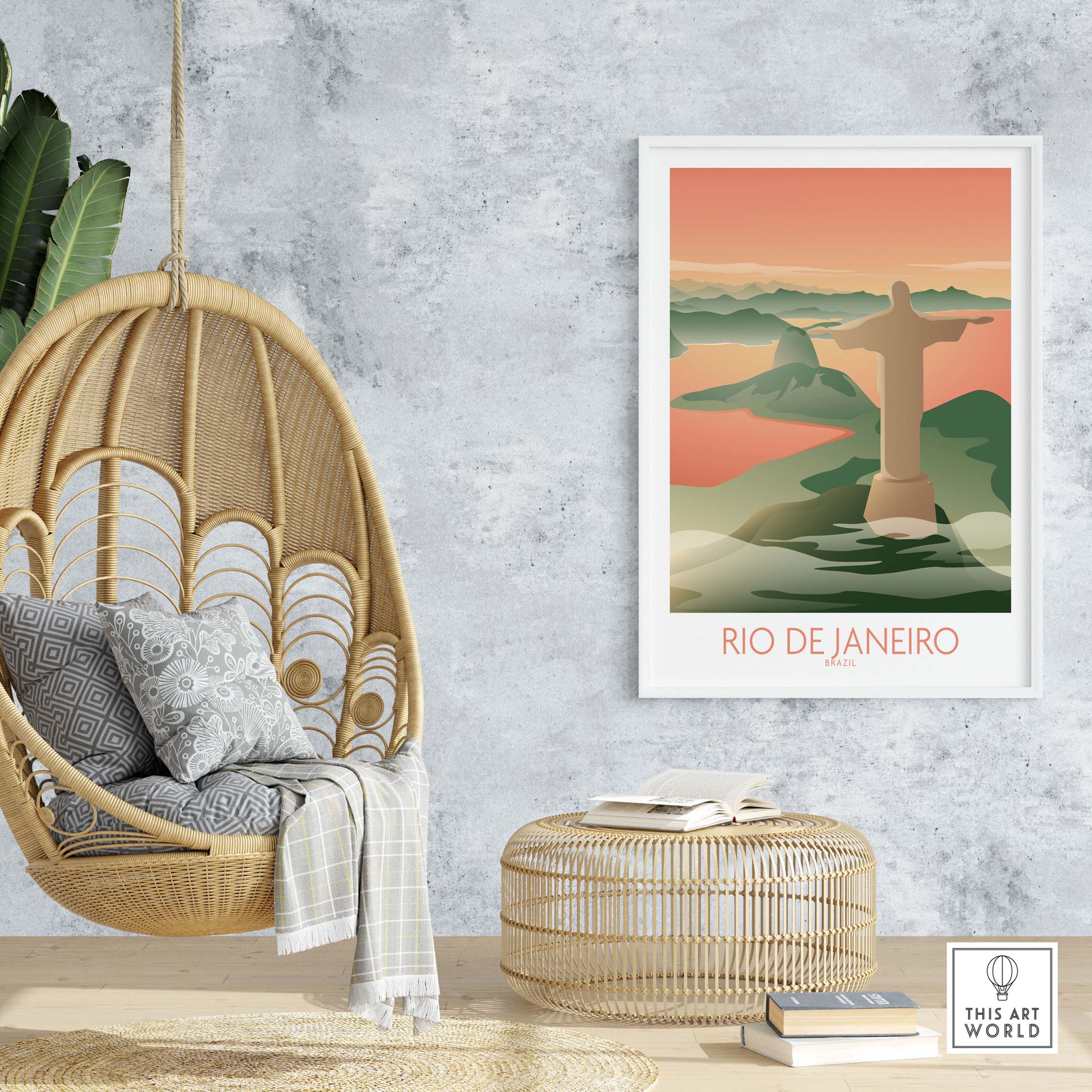 Rio de Janeiro Wall Art showcasing Christ the Redeemer in a stylish interior setting with a hanging chair.