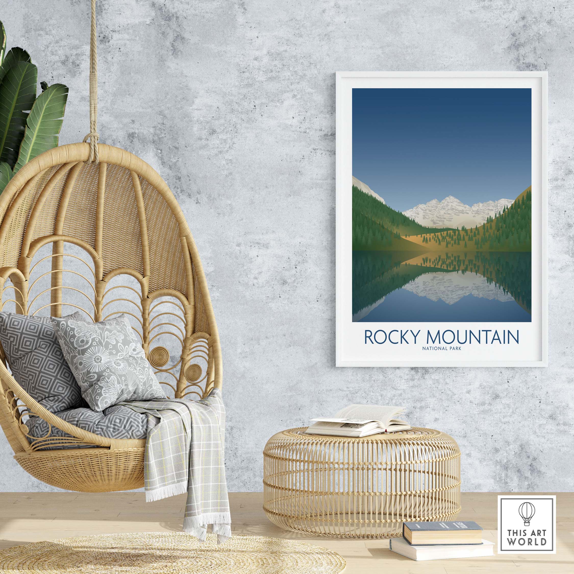 Rocky Mountain National Park art print displayed in a stylish interior with a hanging chair and decor.