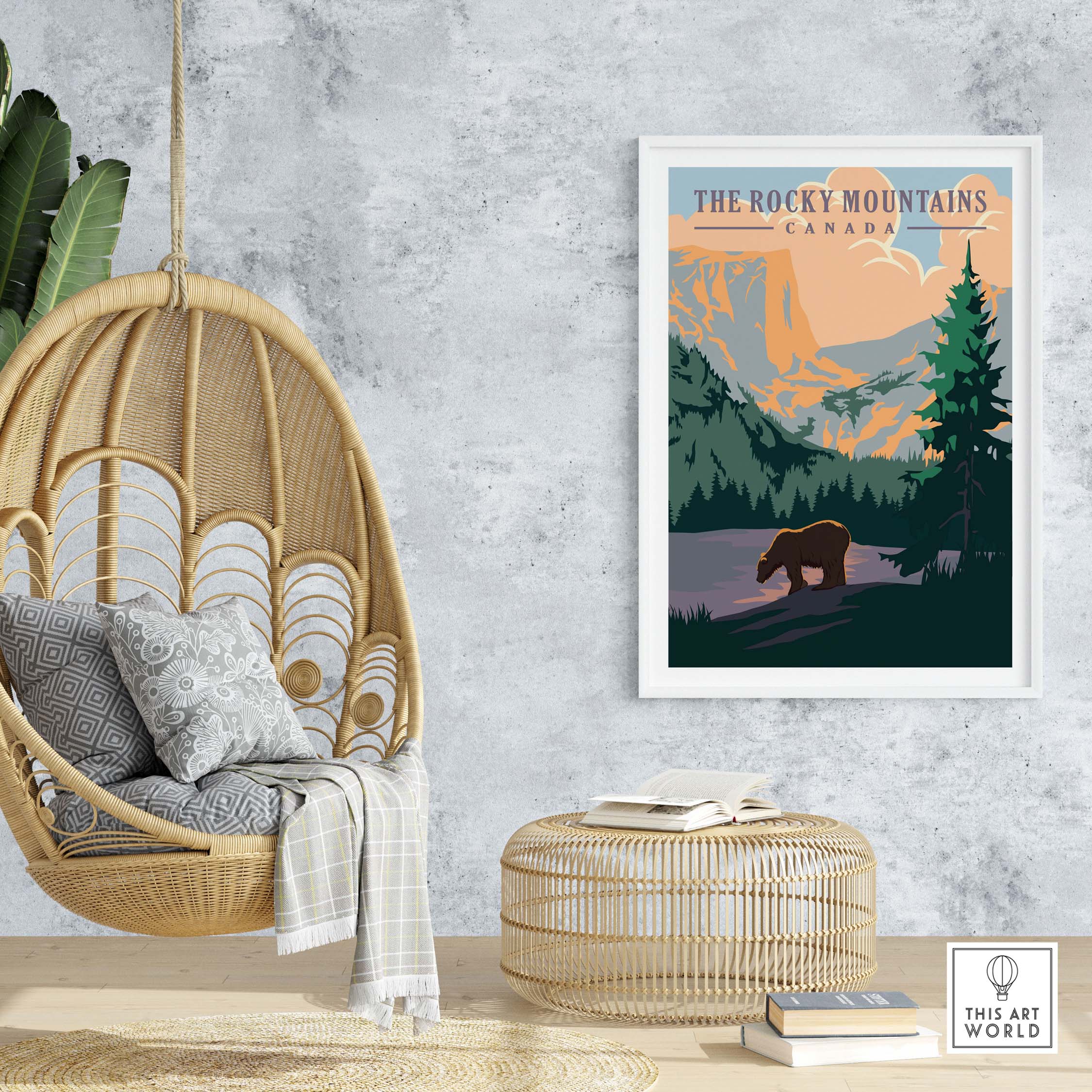 Vintage Rocky Mountains Canada print displayed in a cozy interior with a hanging chair and natural decor.